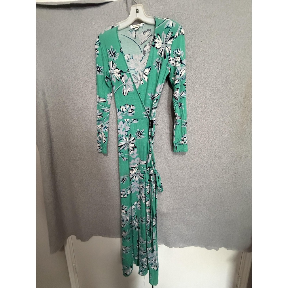 Yumi Kim Dress Womens XS Green Floral‎ Wrap V Neck Maxi Long Sleeve Jersey Boho